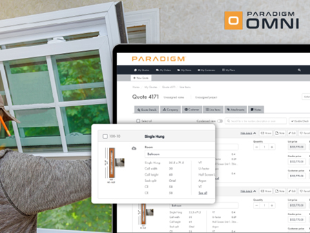 a man installs a window in the background with screenshots of the details of the single-hung window and original order using Paradigm Omni software