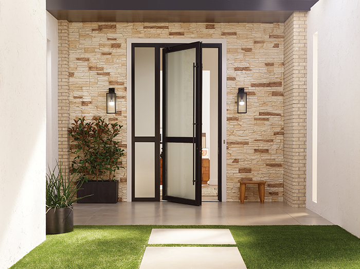 Veris Collection pivot door in Satin