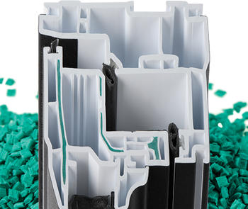 a cut-away view of the ultrastar PVC and fiberglass co-extruded reinforcements within their standard casement and awning profiles